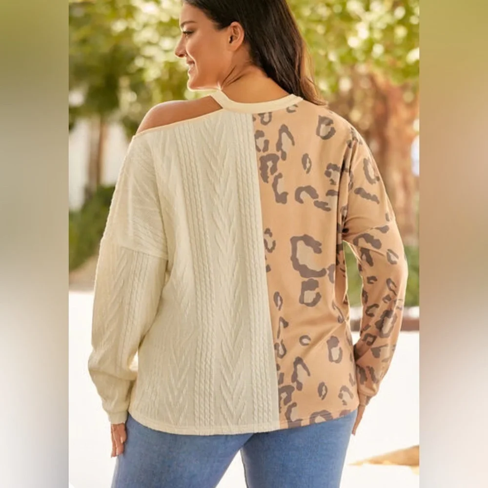 NWOT HAILEY & CO. COLOR BLOCK ASYMMETRIC CUTOUT SHOULDER LEOPARD PRINT SWEATER